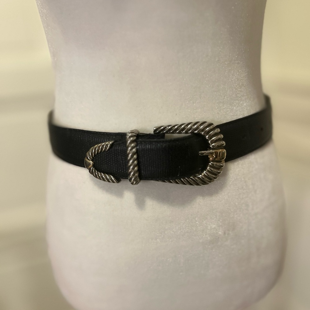 Vintage Doncaster Elegant Black Leather Belt with Silver and Gold Buckle